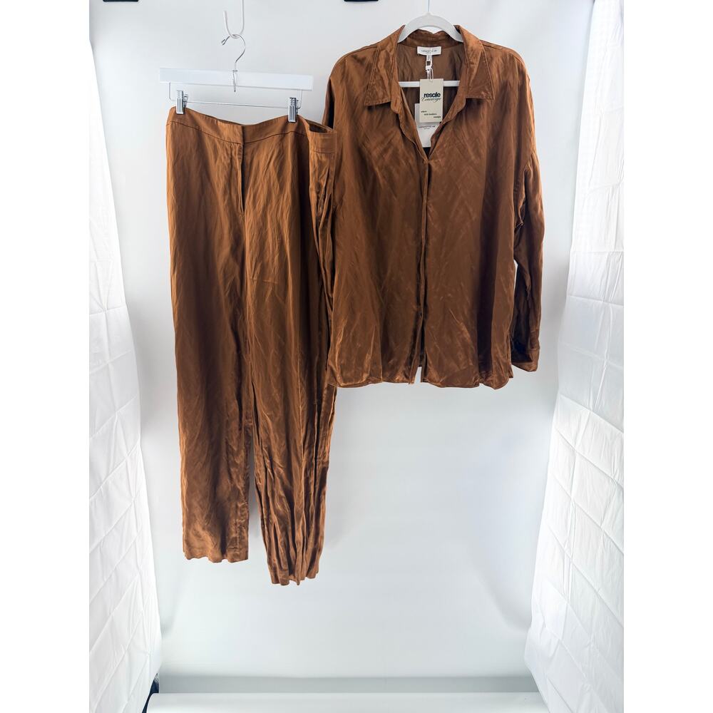Lafayette 148 Naomi Satin Shirt & Dalton Wide Leg Pants Brown Top XXL/Bottom 18 - Picture 3 of 11
